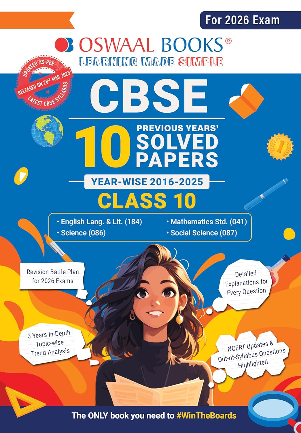 Oswaal CBSE 10 Years Solved Papers Yearwise 2016 to 2025 Class 10 English Language and Literature Social Science Science and Mathematics Standard For 2026 Exam
