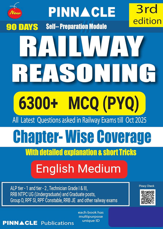 Pinnacle Railway Reasoning Book 2026 6300+ MCQ PYQ for All Railway Exams Chapterwise Practice with Detailed Explanations and Short Tricks Latest Questions till OCT 2025 3rd Edition
