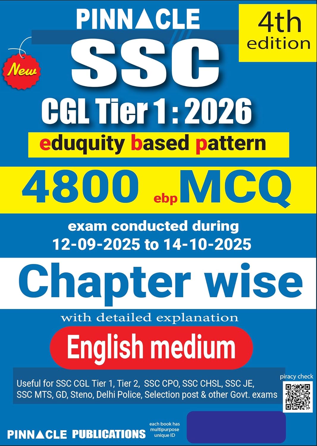 Pinnacle SSC CGL Tier 1 2026 Book 4800 Eduquity Based Pattern MCQ Chapter wise Exam Conducted 12-09-2025 to 14-10-2025 Detailed Explanation English Medium 4th Edition