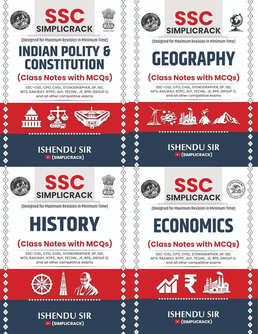 SSC Simplicrack Combo History Geography Economics India Polity and Constitution Set of 4 Books Class Notes with MCQs By Ishendu Sir Useful For All Competitive Exams