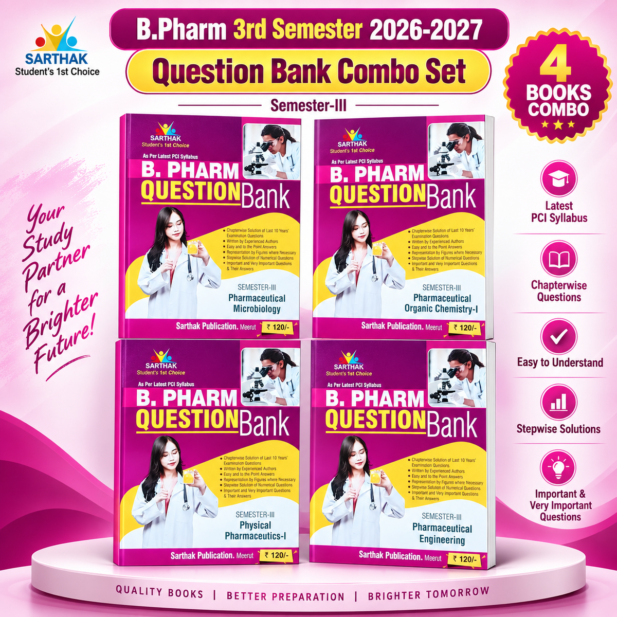 Sarthak B Pharm 3rd Semester Second Year Exam Question Bank Combo Set of 4 Pharmaceutical Organic Chemistry-II Pharmaceutical Engineering Physical Pharmaceutics-I Pharmaceutical Microbiology English Medium Latest PCI Syllabus