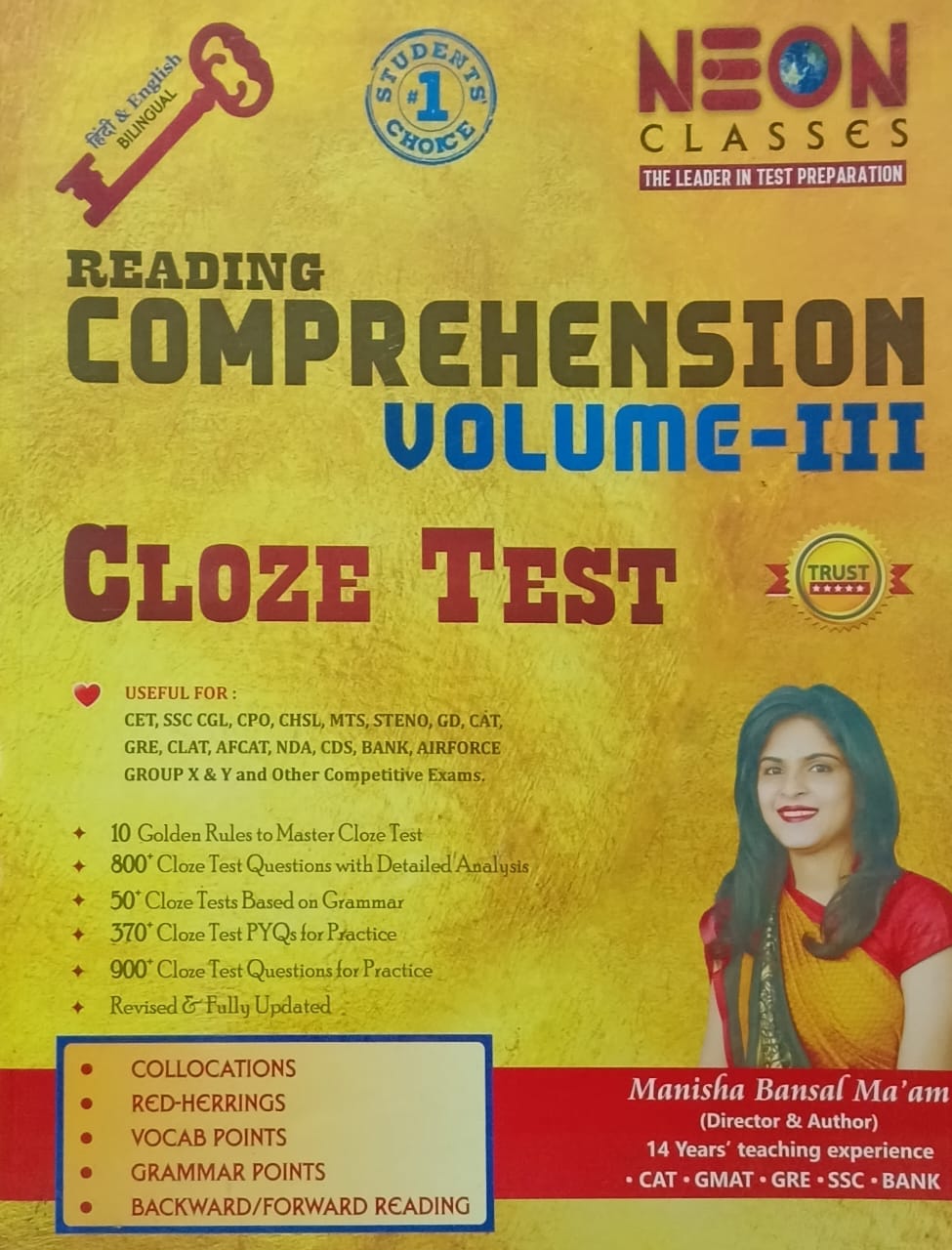 Neon Classes Reading Comprehension Volume-III Cloze Test Book Bilingual By Manisha Bansal