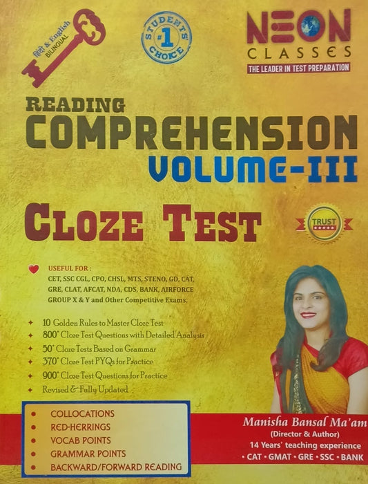 Neon Classes Reading Comprehension Volume-III Cloze Test Book Bilingual By Manisha Bansal