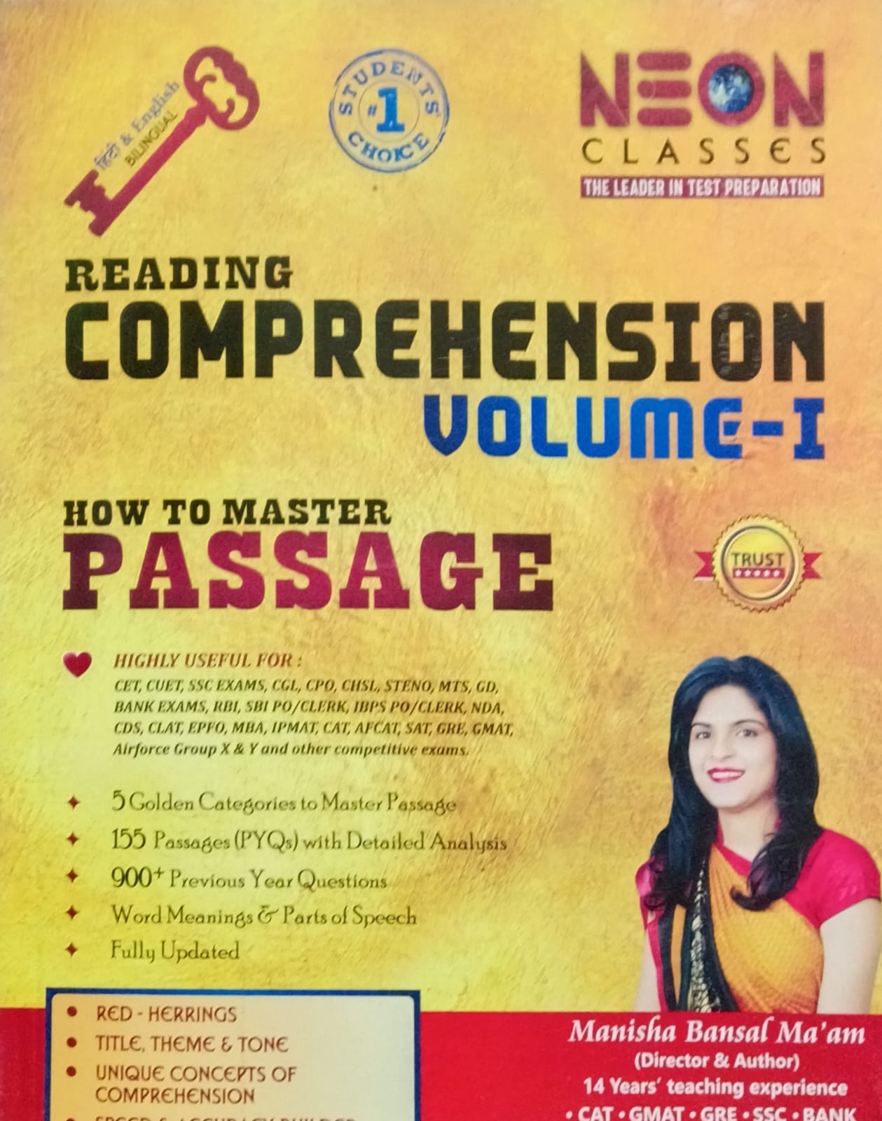 Neon Classes Reading Comprehension Volume-1 How to Master Passage Bilingual Book By Manisha Bansal