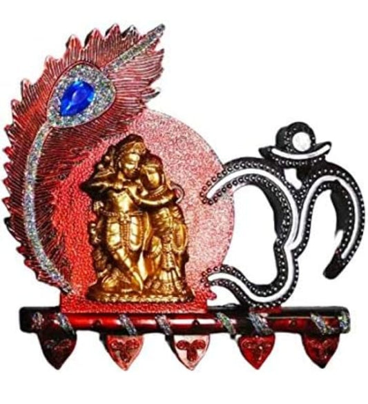Handcrafted Radha Krishna Wall Hanging with Om Symbol and Peacock Feather Divine Love Sculpture for Spiritual Home Decor Religious Gift