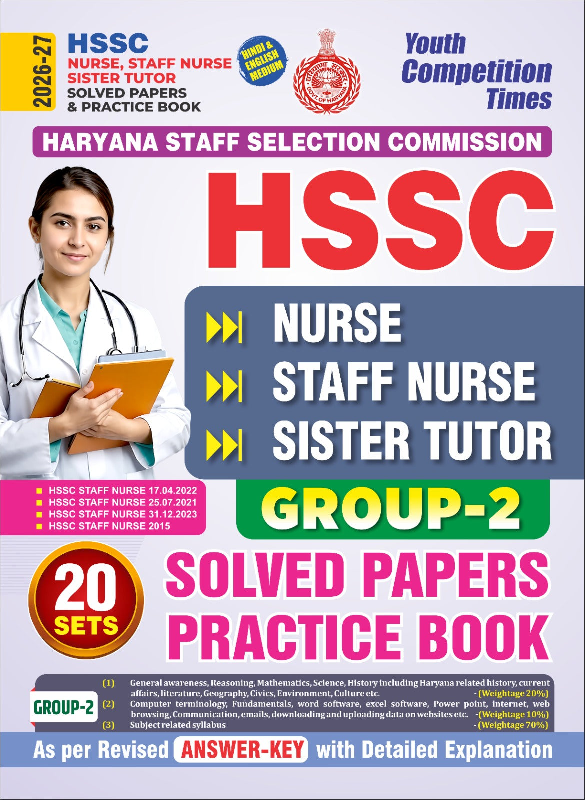 Youth HSSC Nurse Staff Nurse Sister Tutor 2026 2027 Solved Papers and Practice Group-2 Book 20 Sets Hindi and English Medium