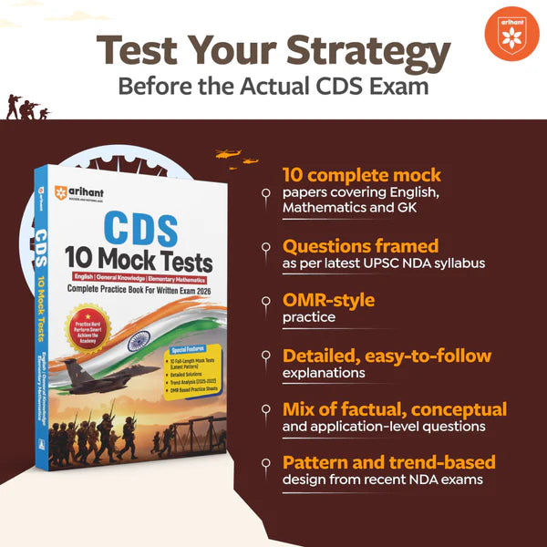 Arihant UPSC CDS 2026 10 Mock Tests Complete Practice Book for English General Knowledge And Elementary Mathematics Latest Pattern Detailed Solutions Trend Analysis  2025-2022 And OMR Sheet With Free Khatu Shyam Sticker