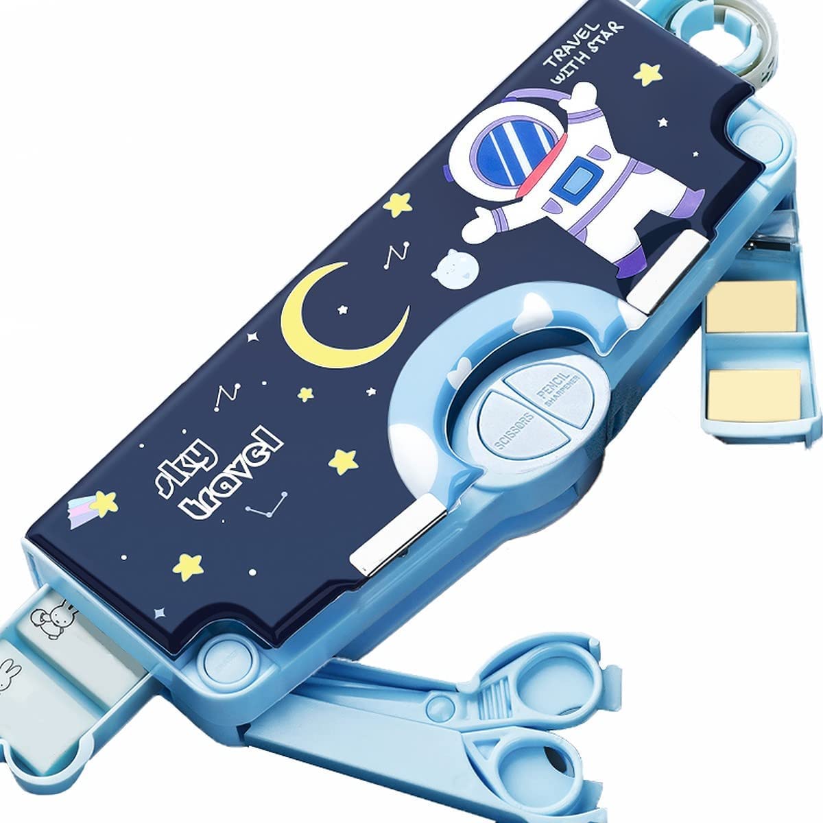 Sky Travel Multipurpose Pencil Box for Kids Astronaut Theme with Built-in Sharpener Eraser Compartment and Stationery Holders Blue Colour
