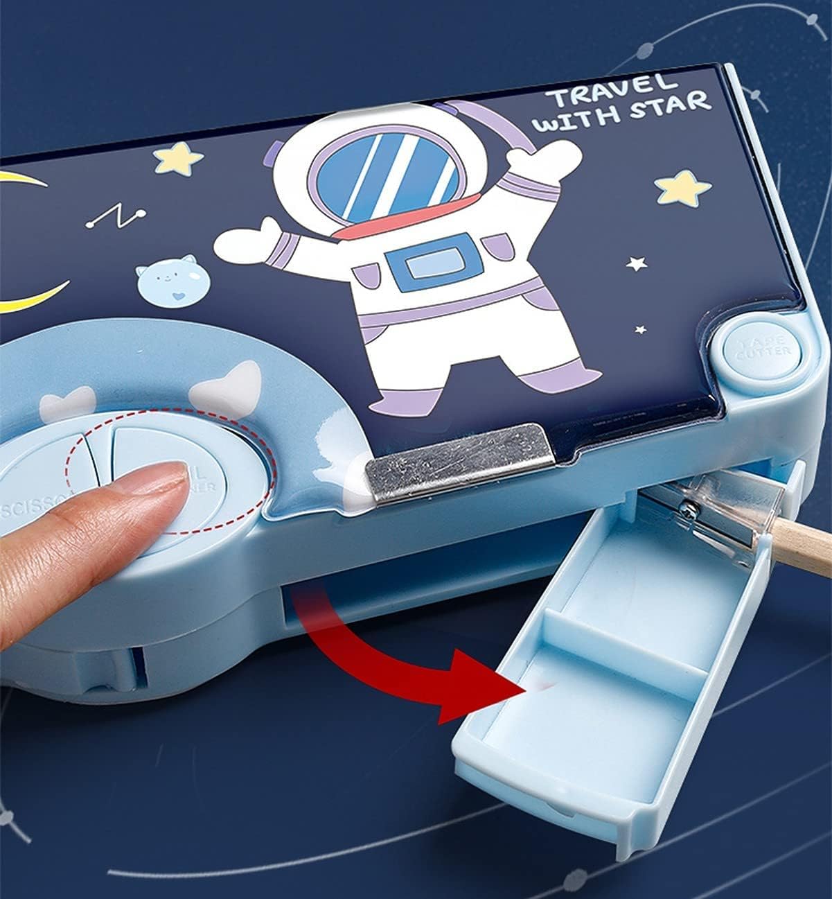 Sky Travel Multipurpose Pencil Box for Kids Astronaut Theme with Built-in Sharpener Eraser Compartment and Stationery Holders Blue Colour