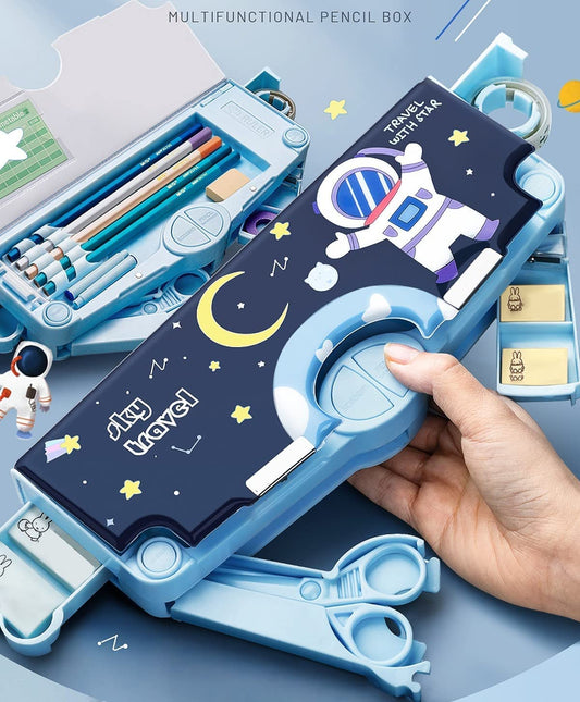 Sky Travel Multipurpose Pencil Box for Kids Astronaut Theme with Built-in Sharpener Eraser Compartment and Stationery Holders Blue Colour