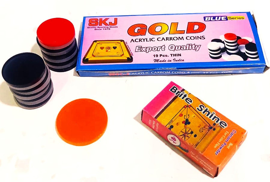 SKJ Gold Acrylic Carrom Coins 4mm 19 Pcs. THIN Export Quality With Brite Shine Carrom Powder and Free 6 mm Striker