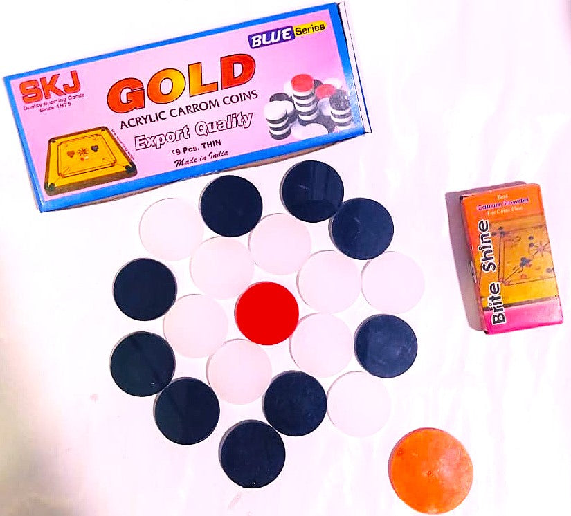 SKJ Gold Acrylic Carrom Coins 4mm 19 Pcs. THIN Export Quality With Brite Shine Carrom Powder and Free 6 mm Striker