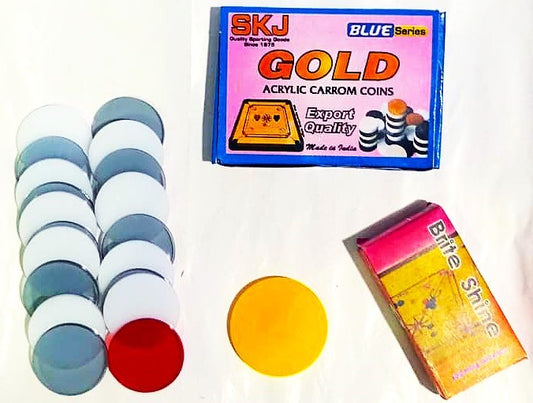 SKJ Gold Acrylic Carrom Coins 3mm 19 Pcs. THIN Export Quality With Brite Shine Carrom Powder and Free 6 mm Striker