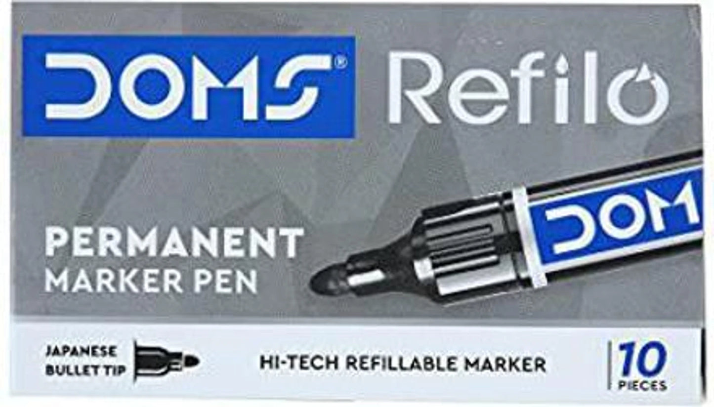 DOMS REFILO Permanent Marker Pen Non Toxic Hi-tech Refillable Bullet TIP Pack Of 10 Black INK