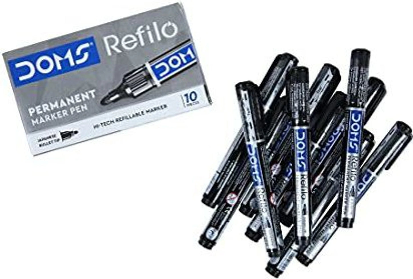 DOMS REFILO Permanent Marker Pen Non Toxic Hi-tech Refillable Bullet TIP Pack Of 10 Black INK