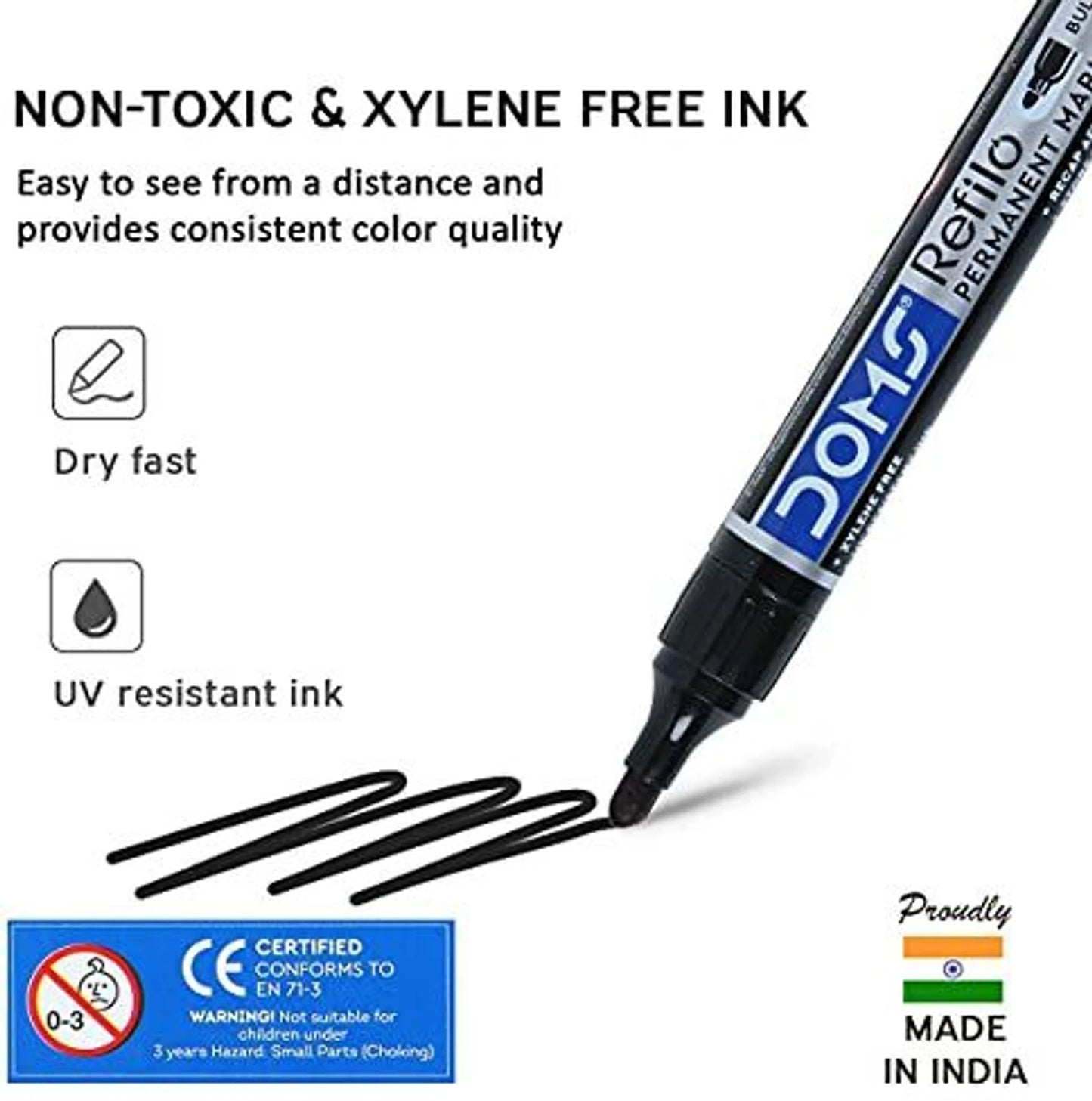 DOMS REFILO Permanent Marker Pen Non Toxic Hi-tech Refillable Bullet TIP Pack Of 10 Black INK